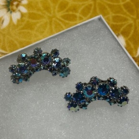 WEISS Aurora Borealis AB Blue Rhinestone EARRINGS - Picture 5 of 6